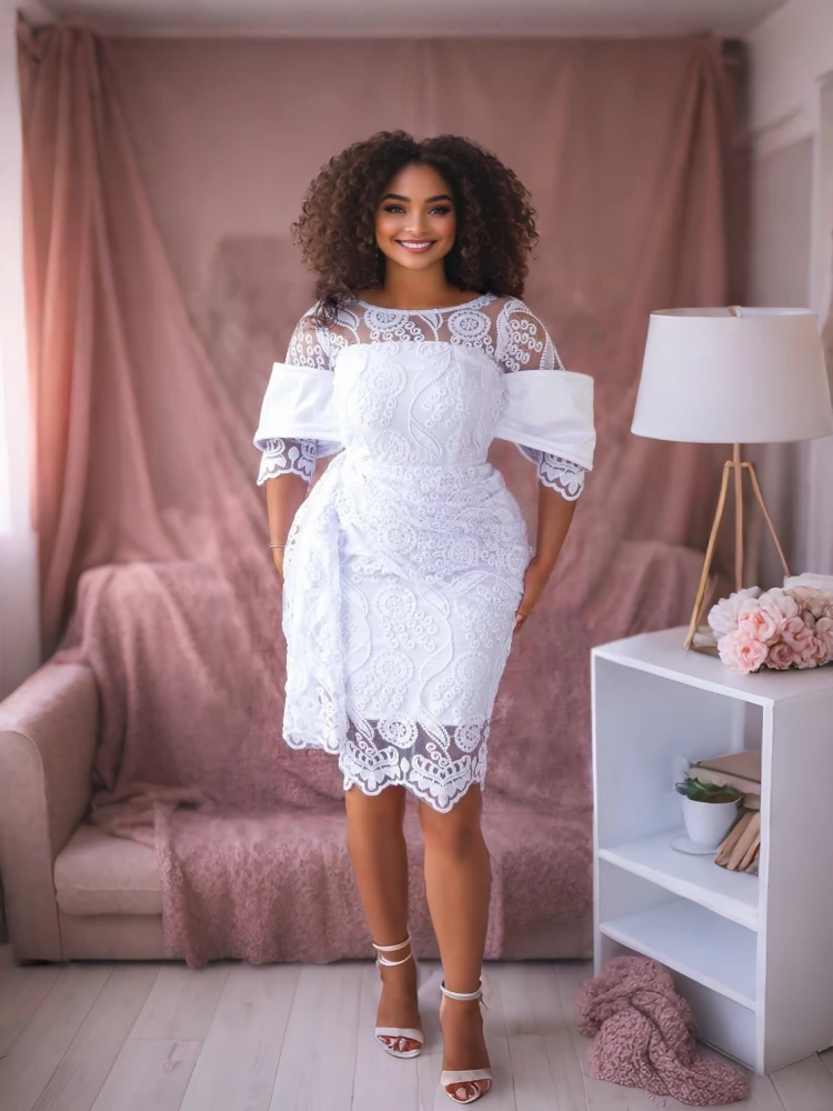 Vestidos de encaje blanco para mujer, túnica bordada con cuello redondo Vintage, vestido Midi elegante Retro a la cadera, vestidos de boda para fiesta de vacaciones