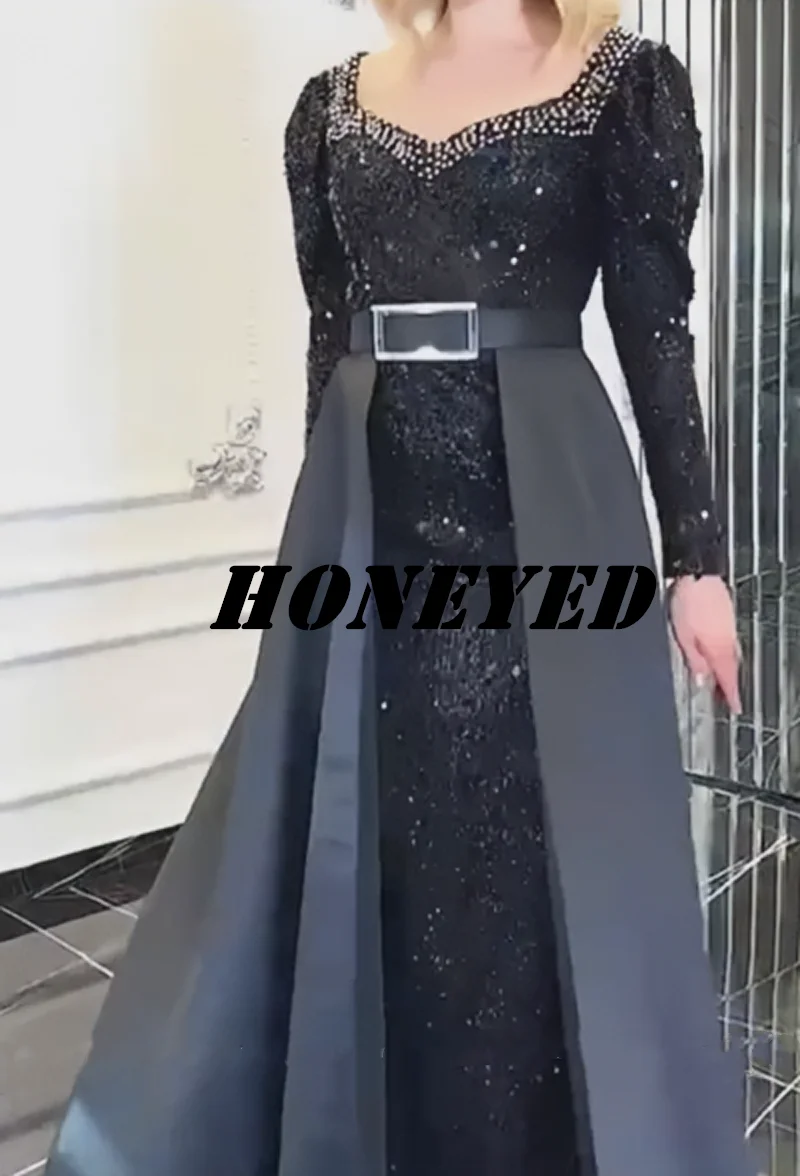 Honeyed-vestido de noche negro de satén exquisito, manga larga y borlas en el tobillo, lentejuelas, cuello redondo, tirantes de hombro regulares, nuevo 2023