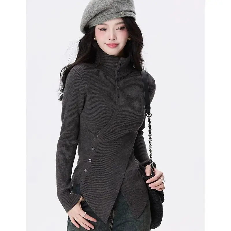 

Turtleneck Sweater Knitted Sweater Autumn and Winter New Style Fashionable and Versatile Lazy Lapel Cross Base Shirt Top