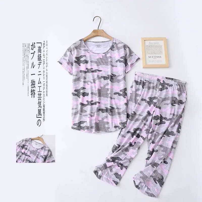 

Pajama Sets for Women Summer Short Sleeve Plus Size Lightweight Camouflage Sleepwear Suit Homewear 2pcs Suits