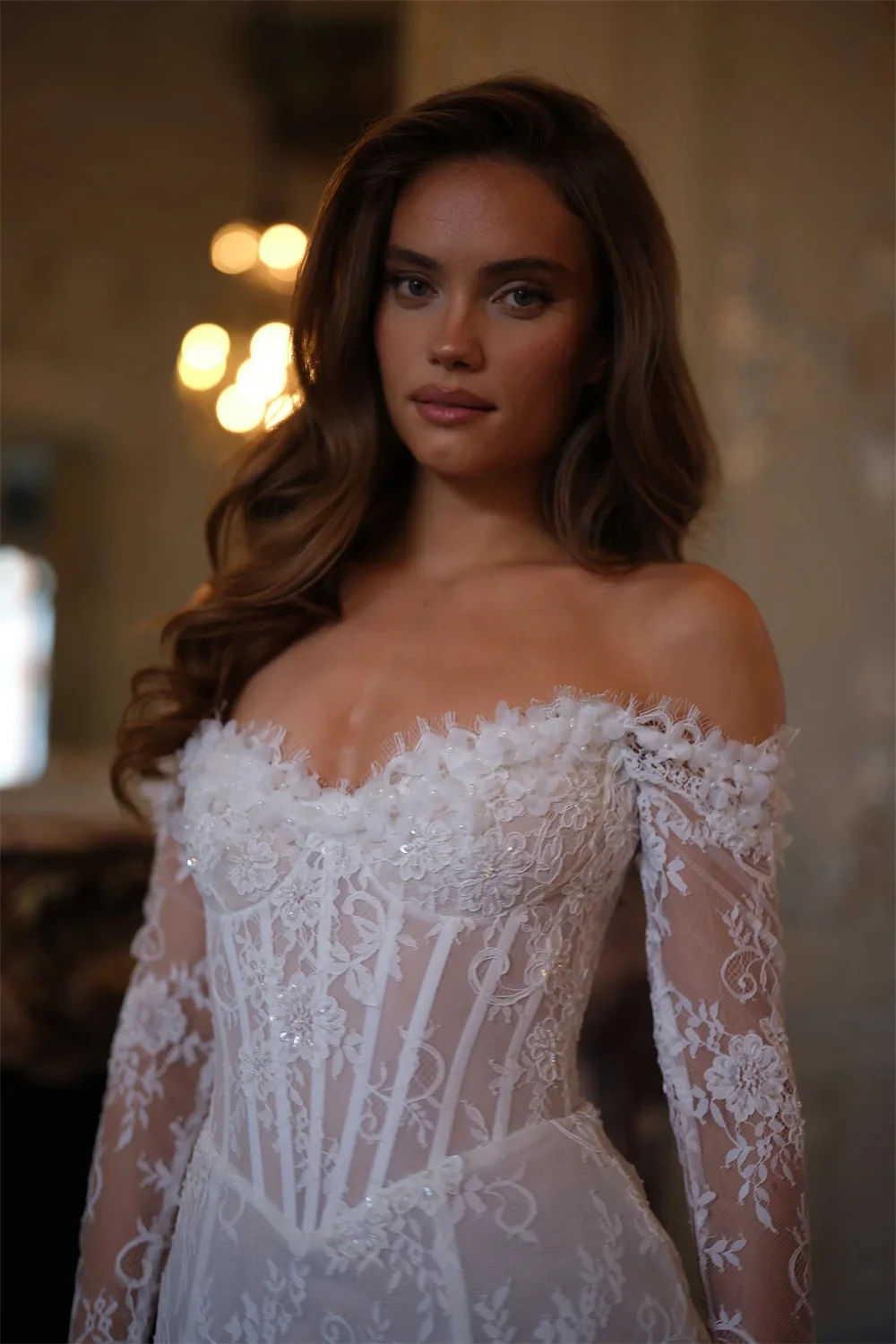 Tokyo Customized White Off the Shoulder Wedding Dresses Lace Long Sleeve Back Lace-Up Bridal Gowns Flower Mini Wedding Gowns