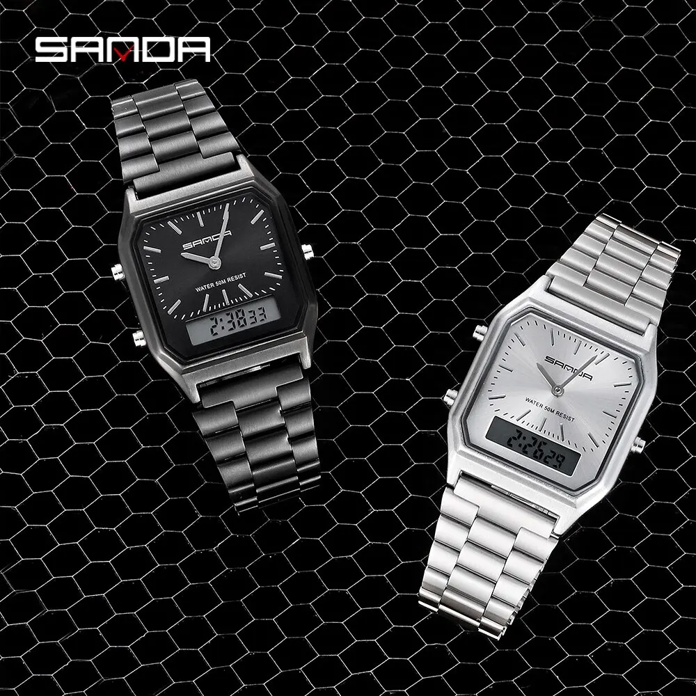 SANDA Luxury Mens G Style Watches Stainless Steel Women LED Digital Dual Display Clock Unisex Waterproof Sports Quartz Watch