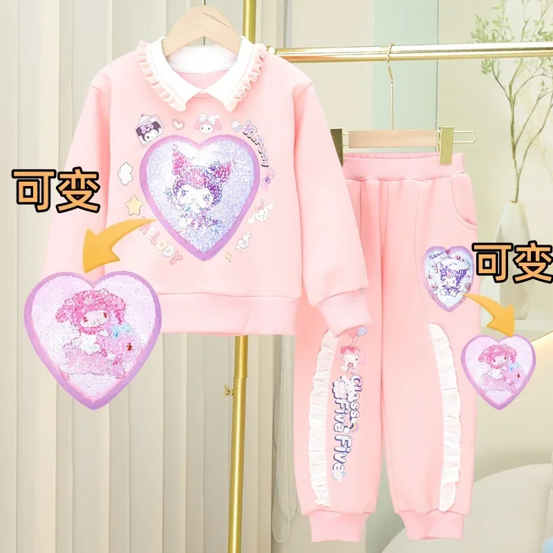 2 pz/set Sanrio Anime Kuromi Melody Kid Girl peluche felpa cappotto + Sweatpant bambino carino caldo abbigliamento sportivo tuta abbigliamento Casual