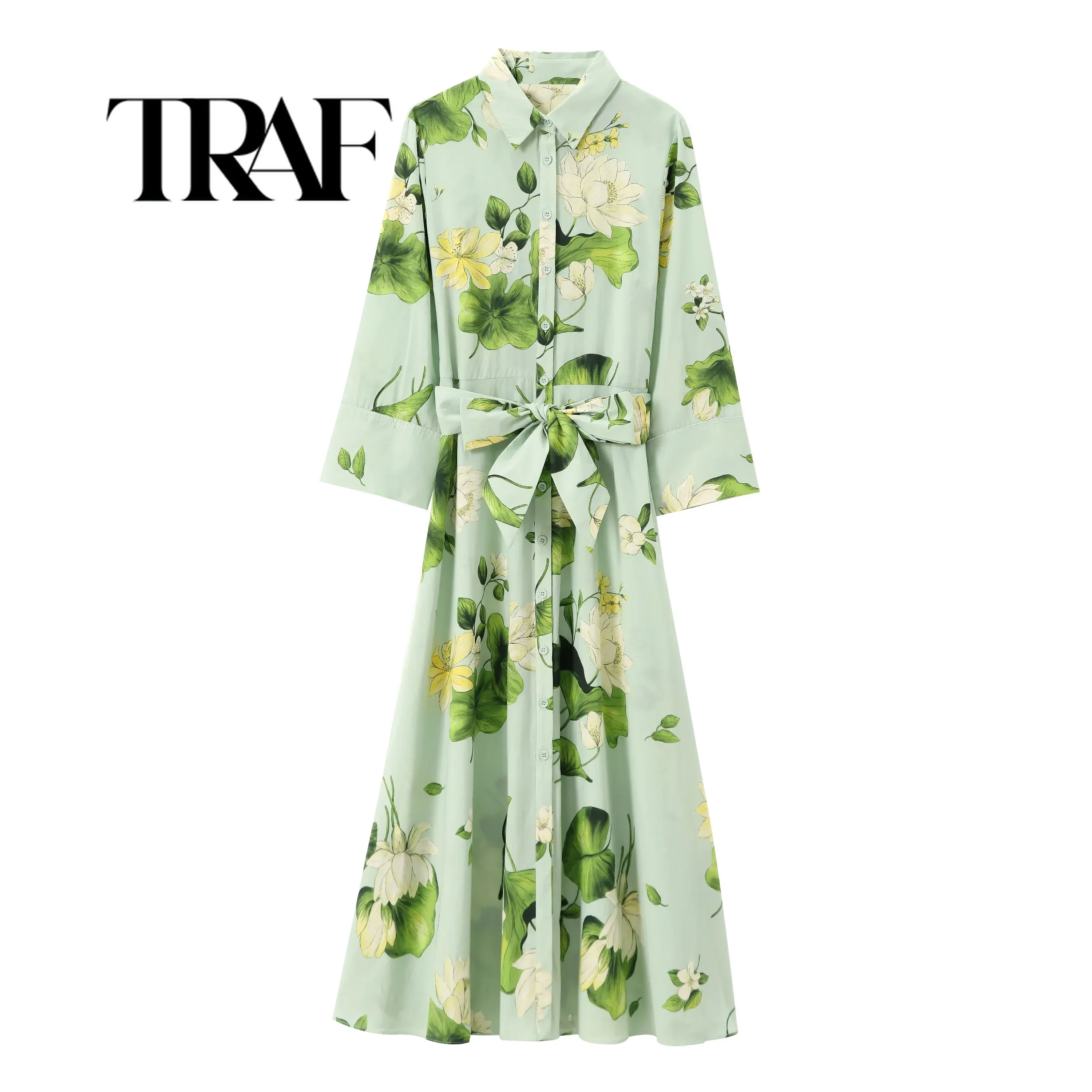 TRAF 긴팔 플라워 프린트 셔츠, 벨트 라펠, 슬림해 보이는 스타일, 스타일리시한 원피스, 2024 여름 신상  Best5