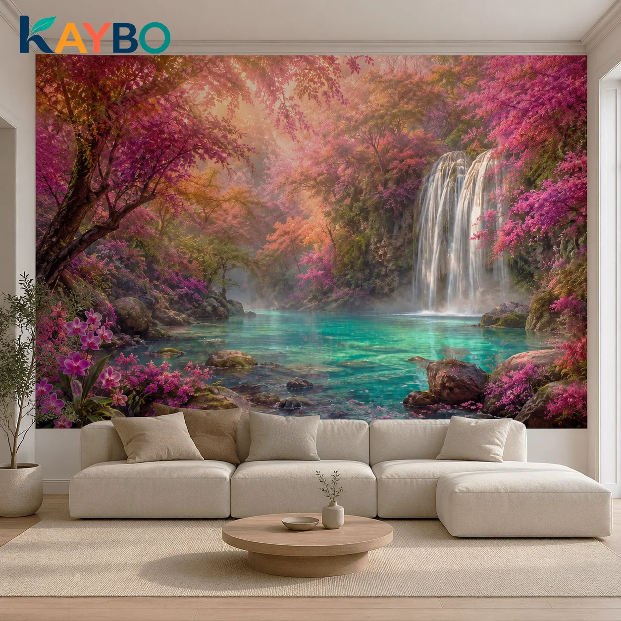 Waterfall Forest Wallpaper Mural Custom Pink Floral Nature Wall Art Living Room Bedroom Non Self Adhesive