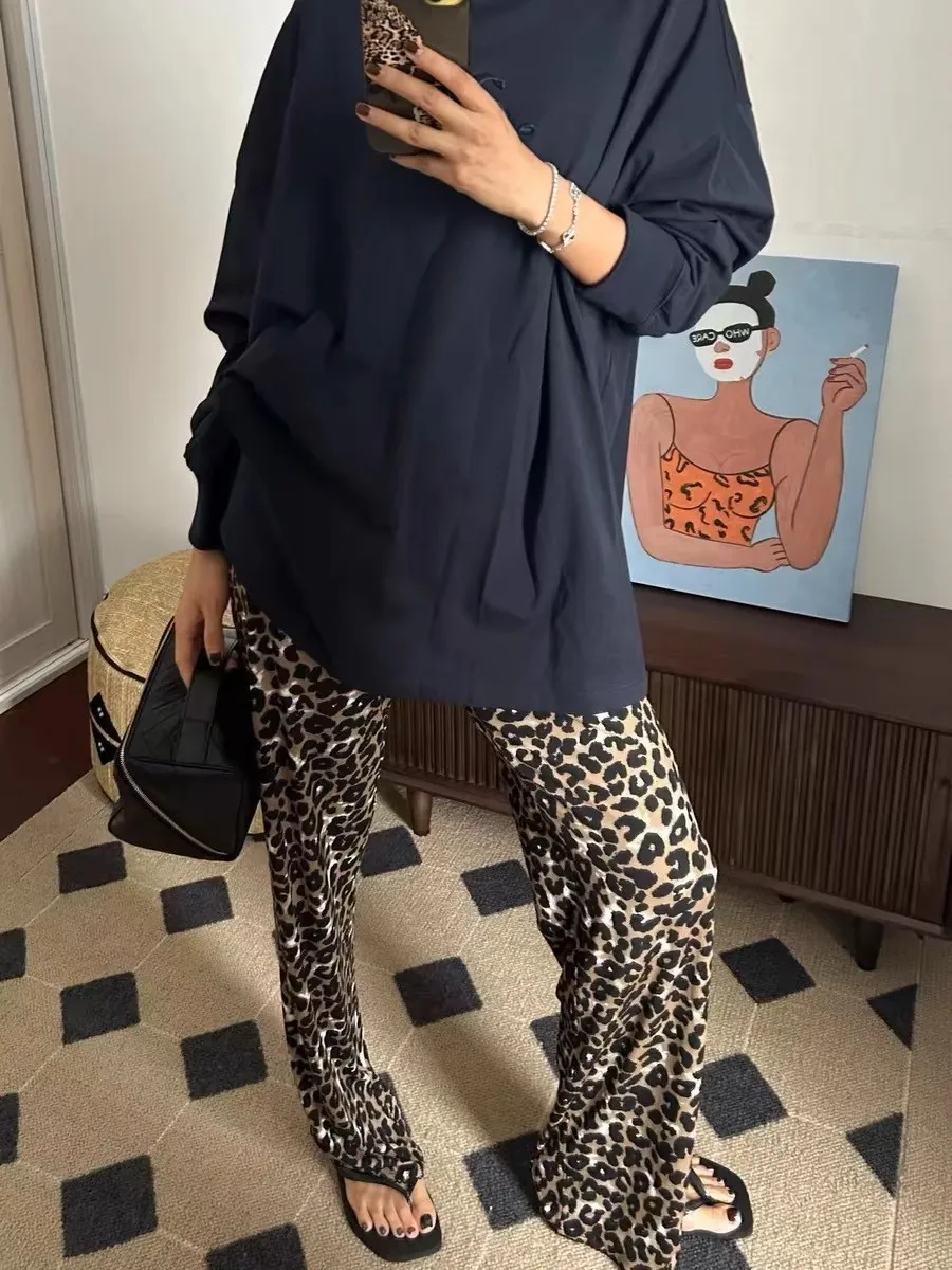 Leopard Print Thin Wide Leg Pant Women Lace Trim Low Waist Sexy Draped Straight Trouser Cozy Home Vintage Fashion Casual Pants