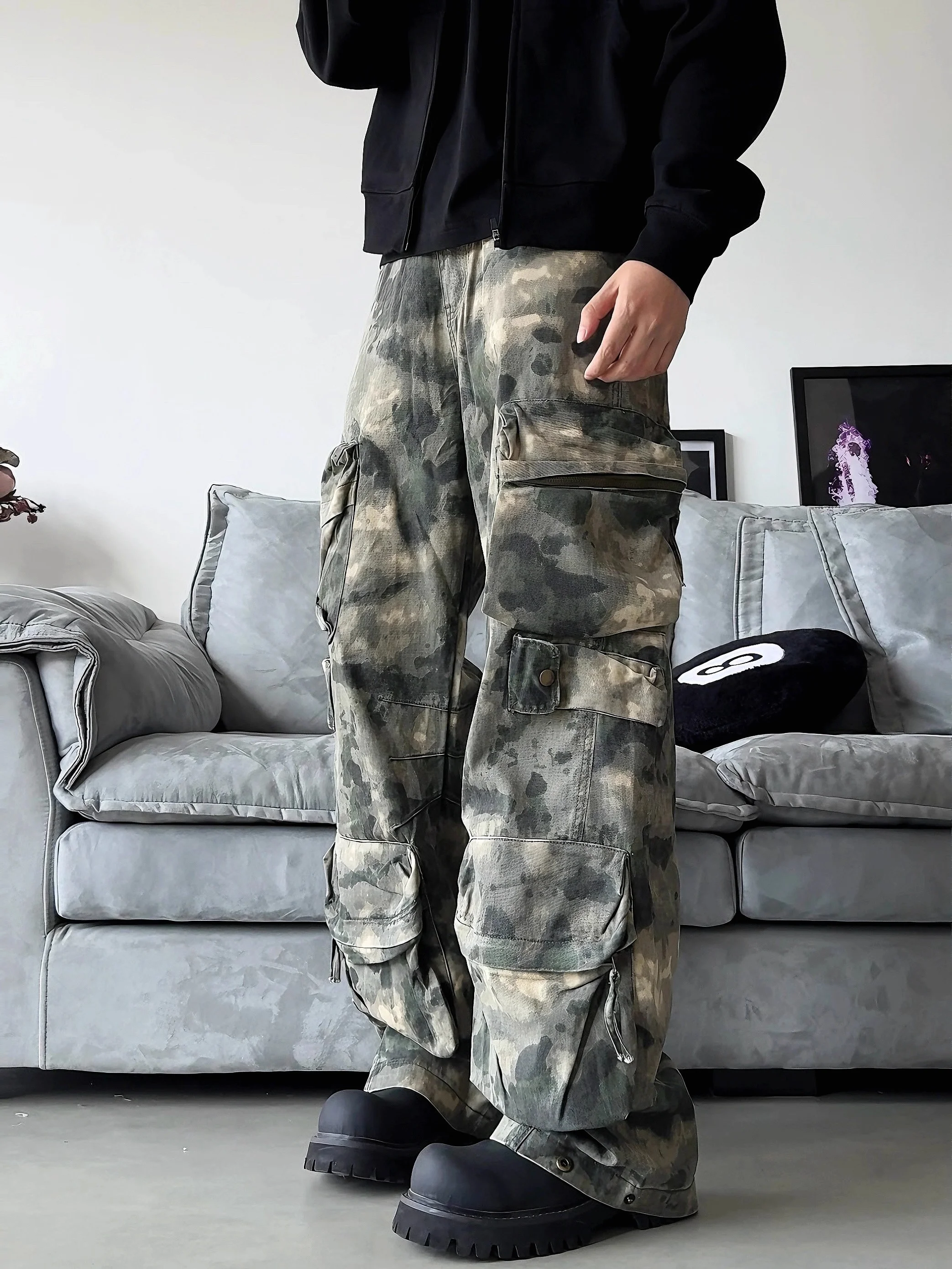 

Американские камуфляжные рабочие брюки в стиле ретро, мужские трендовые свободные прямые брюки с широкими штанинами Du Multi ket