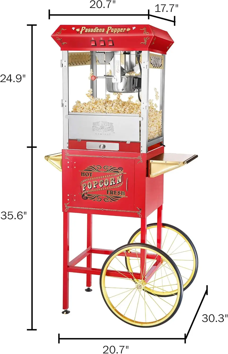 Popcorn Machine with Cart- Popper Makes 3 Gallons- 8-Ounce Kettle, Old Maids Drawer, Warming Tray & Scoop by Great Northern Popc