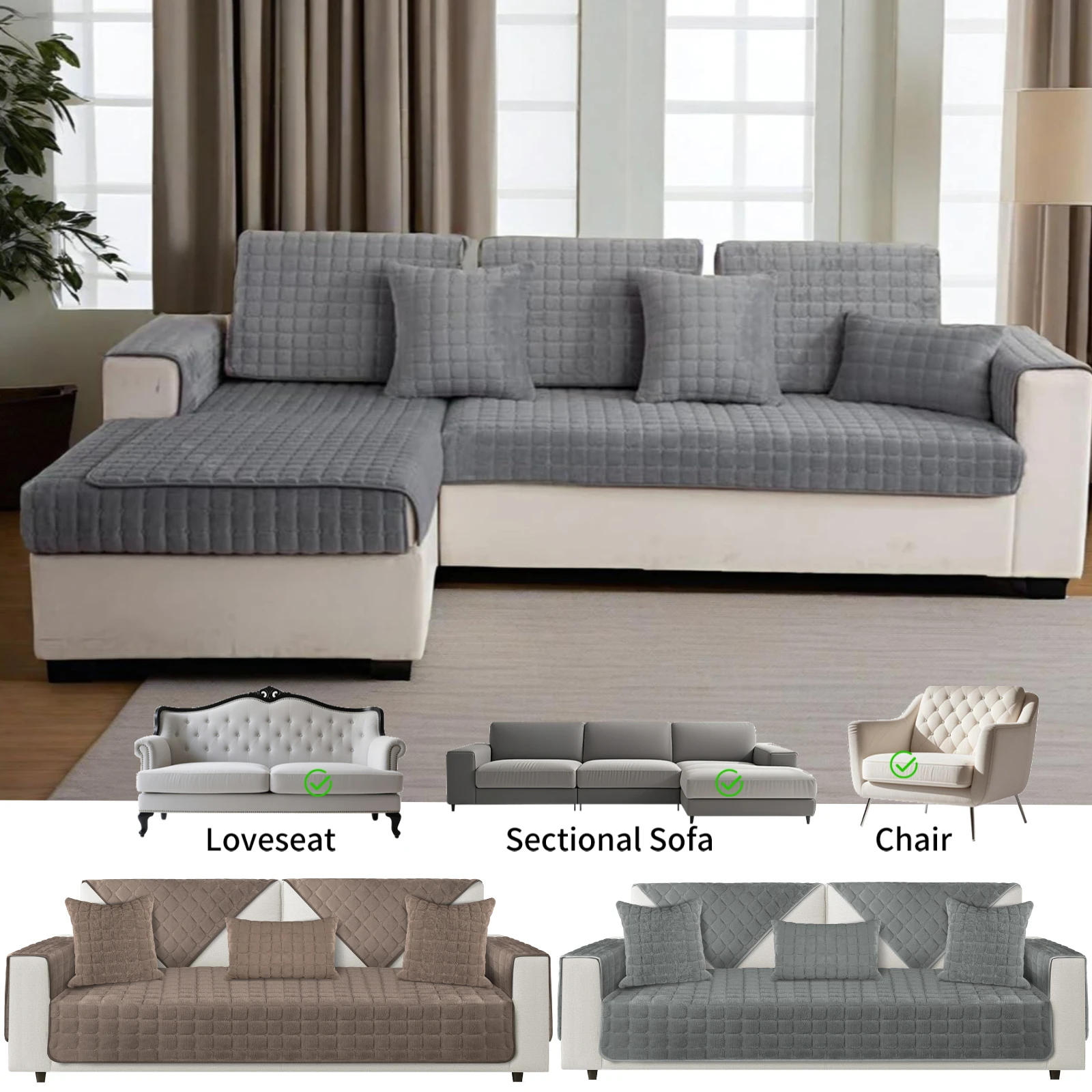 Velvet Sofa Cover Universal Plaid Plush Non-Slip Thickened Living Room Sofa Cover Warm Flannel Cushion Seat Armrest Back Towel