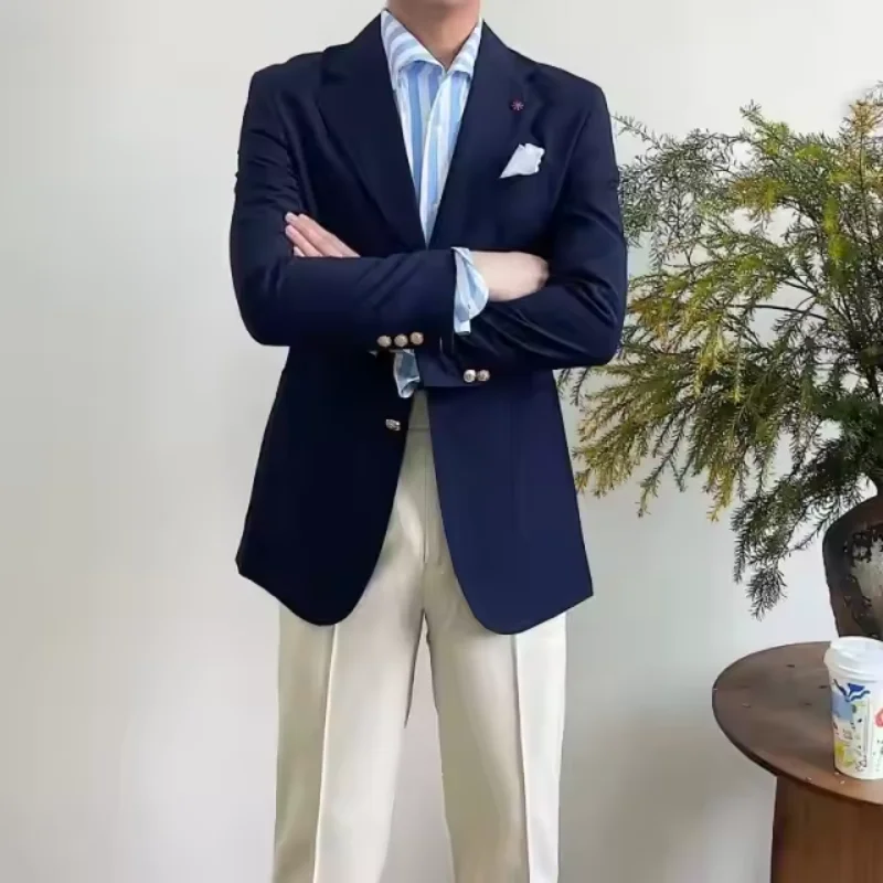 Blazer bleu marine pour homme, version coréenne, pour bal de promo, 1 pièce, coupe ajustée, costume 