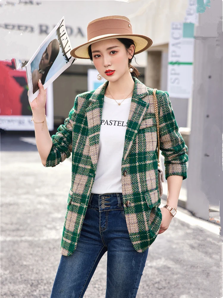 

Green Plaid Tweed Coat Sequins Flash Medium-Long Autumn/Winter Women's Brown New Small Fragrance Ladies Blazer Female