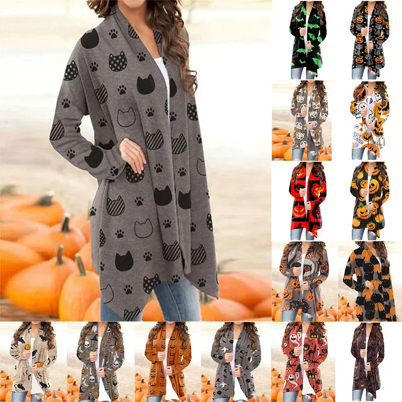 Halloween Cardigan for Women Pumpkin Cat Print Knitted Cardigans Sweaters Lightweight Long Sleeve Open Front Outwear