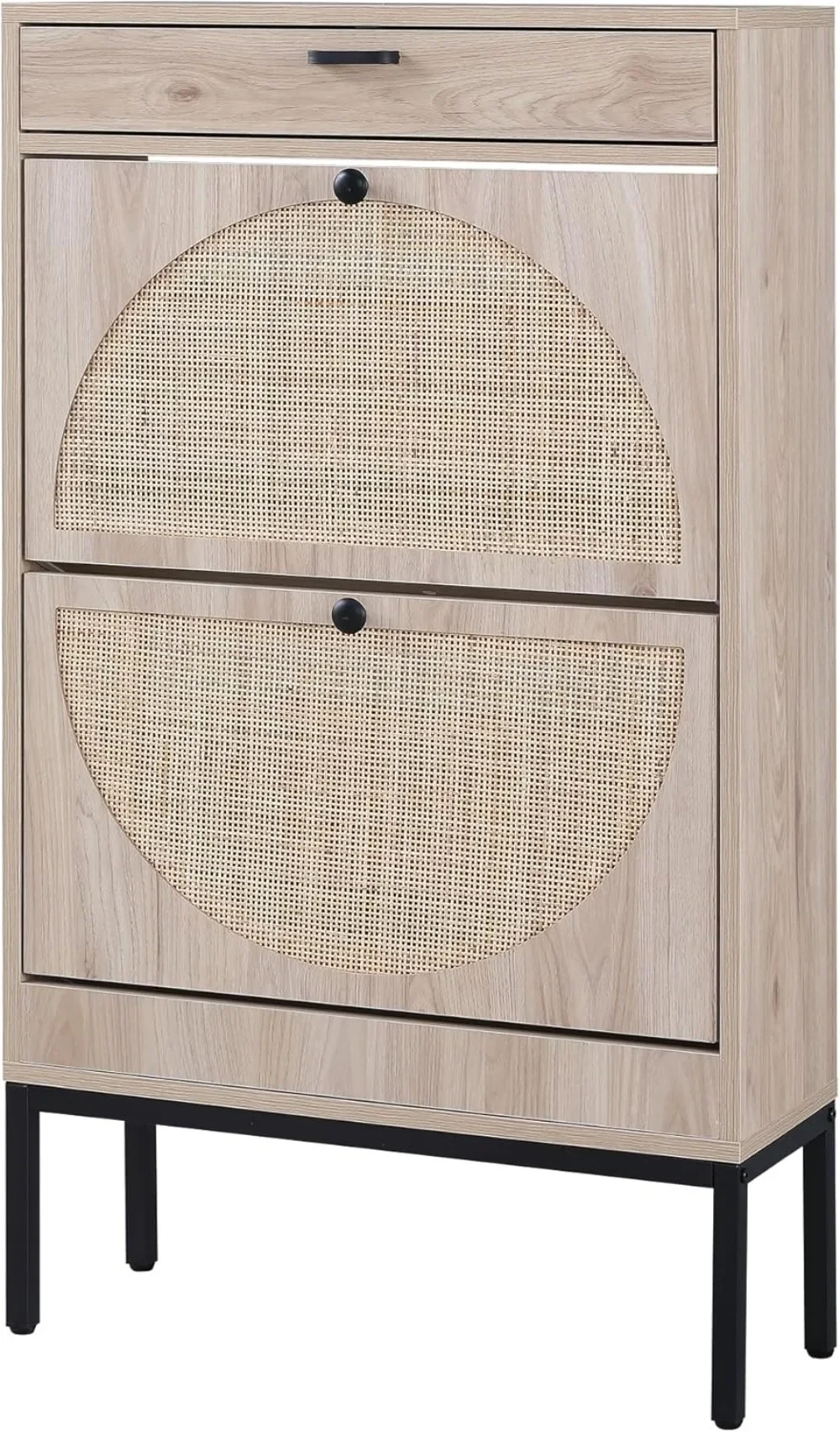 

Natural Semi Circle Rattan Shoe Storage Organizer Cabinet with 2 Flip Drawers, Freestanding Shoe Rack with Adjustable Shelf