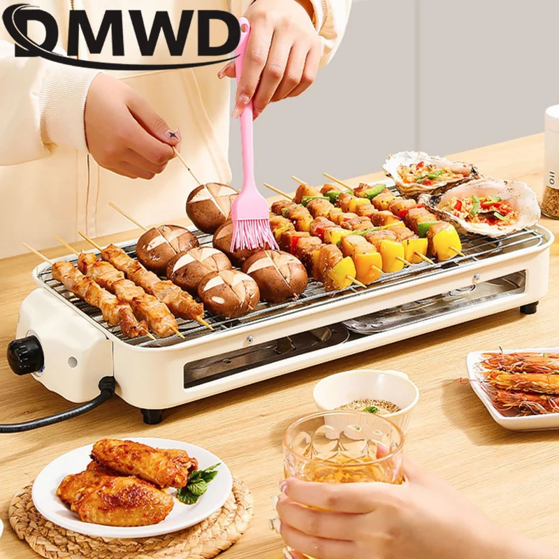 DMWD 220V Smokeless BBQ Electric Kebab Rotary Grill Stove Rotisserie Teppanyaki Barbecue Non-stick Frying Pan Skewer Griddle