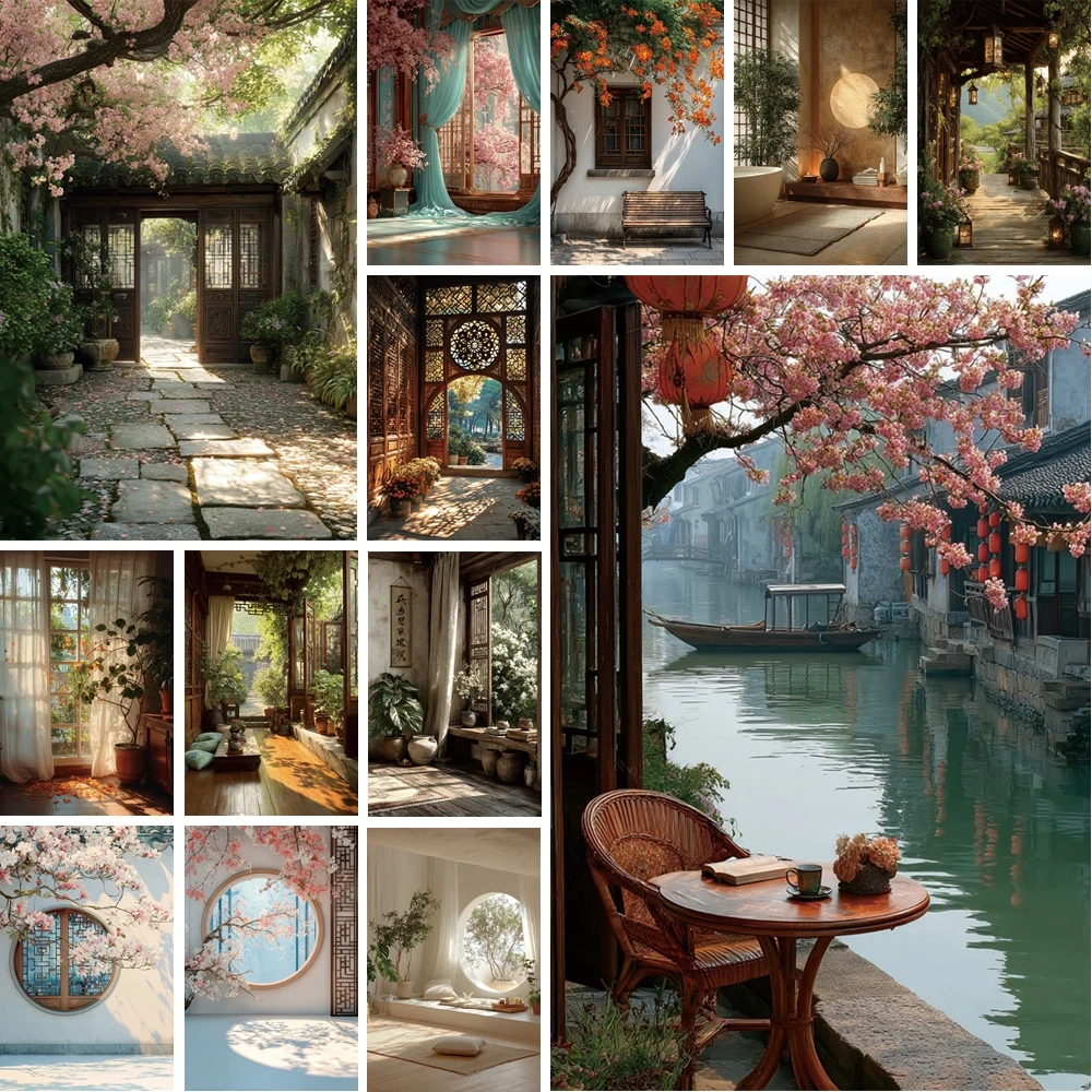

MOON.QG New Chinese Backdrop Circular Windows Cherry Blossoms Wooden Benches Home Decoration Portrait Photography Backgrounds
