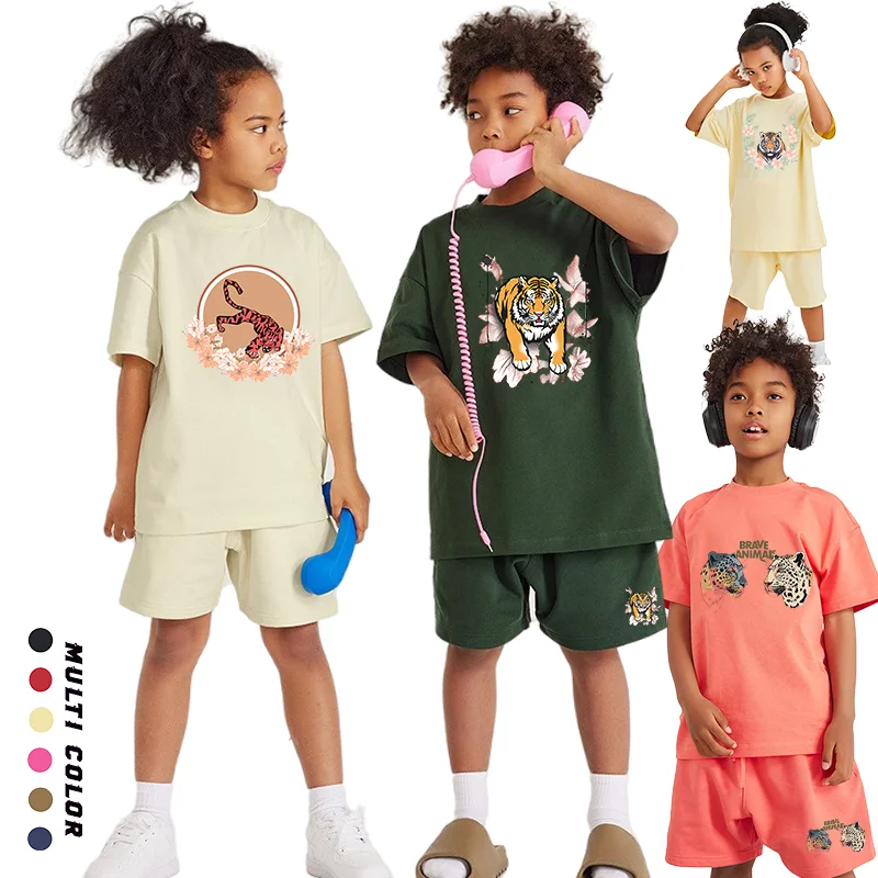 Boys Trend Tees Set Summer Designer Kids Short sleeve Flower Tiger Tops Girls T-shirt Shorts 2Pcs Children Clothes Festival Gift