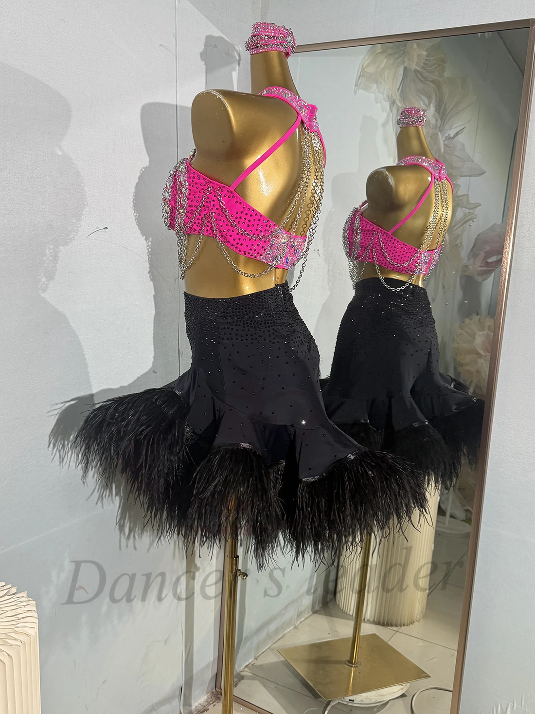 Bailarina latina para niños y adultos, sujetador de cadena personalizado de alta gama, falda esponjosa, vestido de actuación de diamante Samba