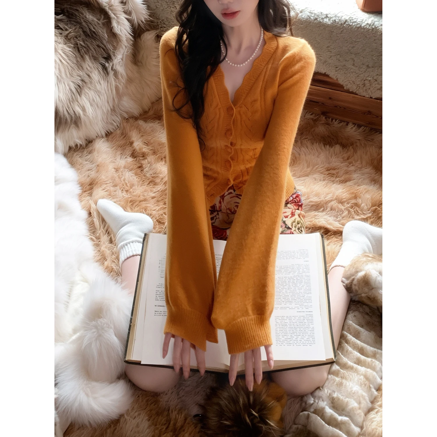 

Sy Women's Long Sve Knitted Sweater Orange Heart Bule Hollow Pattern V-Ne Open Cardigan Soft Acrylic Polyester Nylon