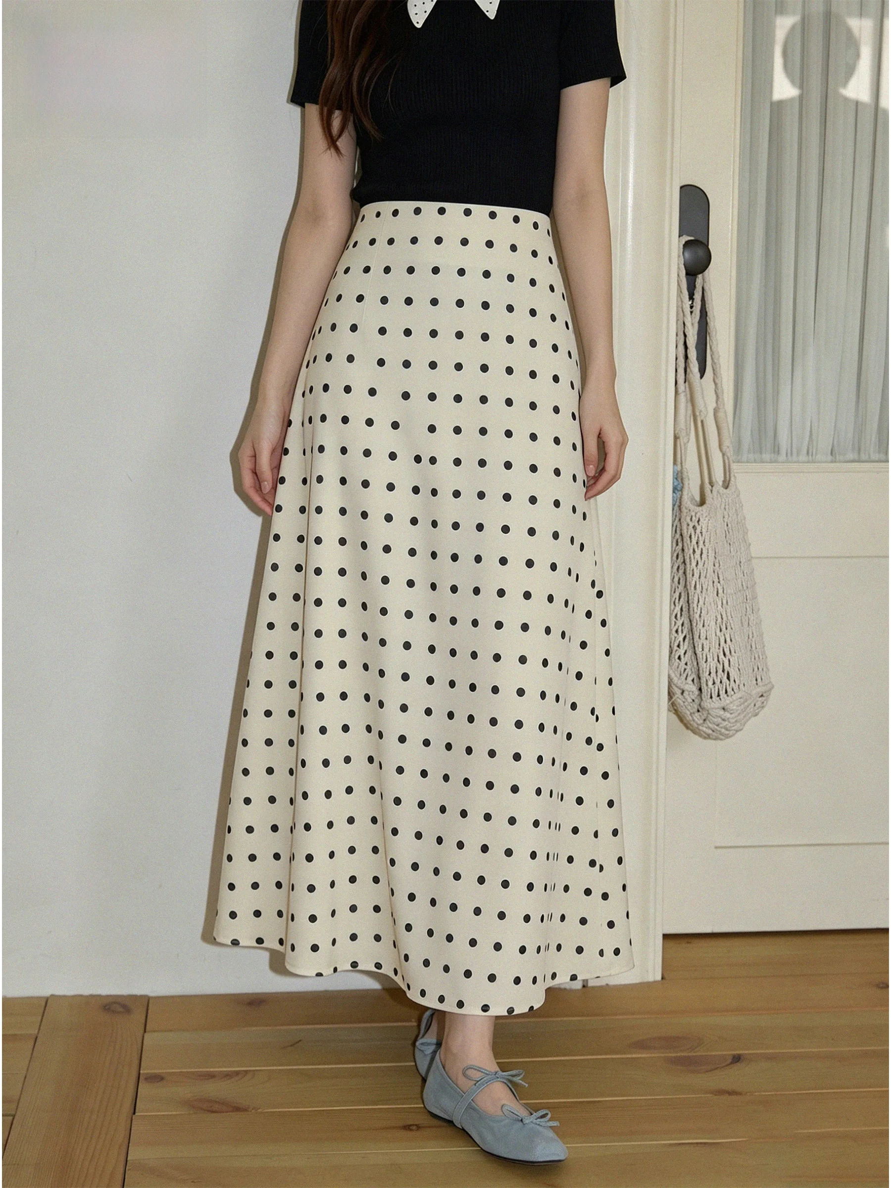 

Retro Polka Dot Satin Half Skirt Women's A-Line Fish Tail Skirt Slimming Drapey Summer New Arrival Casual High Waist Skirt