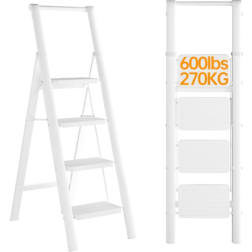 4 Step Ladder, Foldable Step Stools for Adults with Wide Anti-Slip Pedal, 600lbs Lightweight Sturdy Steel Ladder