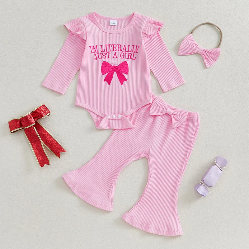 Baby Girls Fall Outfit Long Sleeve Embroidery Letters Bow Romper with Flare Pants and Headband Clothing Set