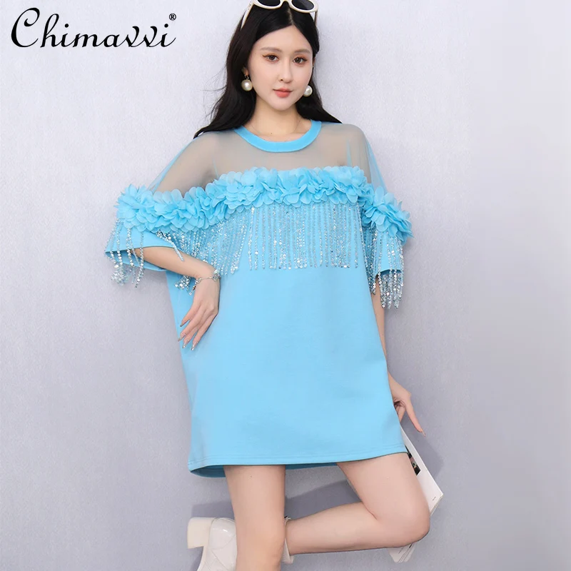 夏の新レディースファッション Tシャツルーズ大きいサイズメッシュフラワーフリンジトップファッション半袖エレガントなスウィートガールプルオーバートップ