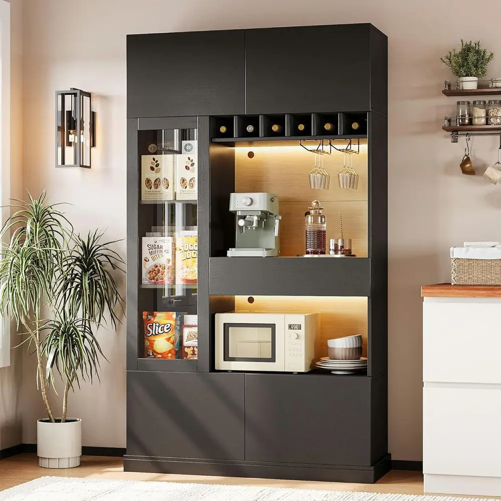 

Black Tall 69 Kitchen Pantry Cabinet with LED, Outlet, Microwave Stand, Wine Rack, Glass Door & Adjustable Shelves