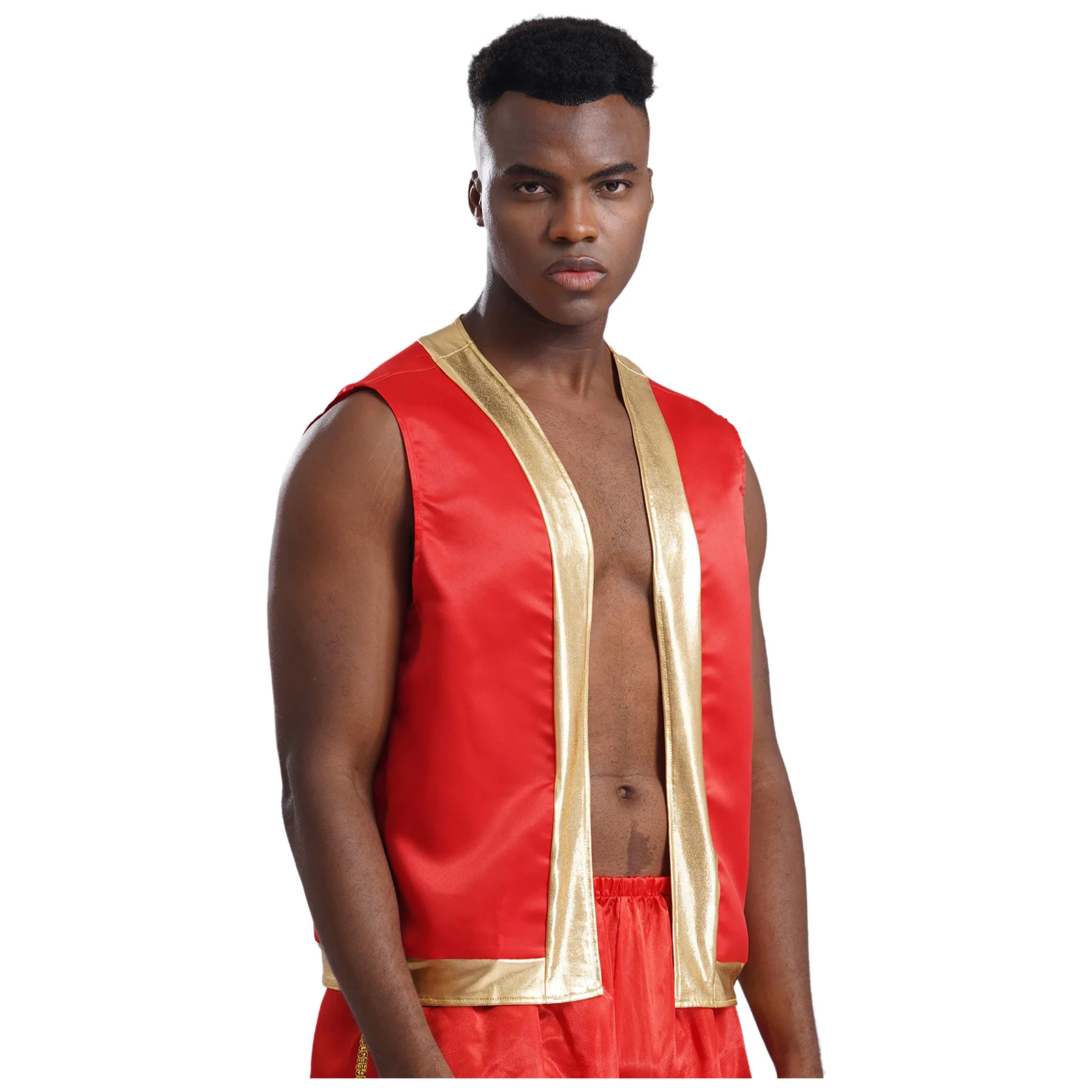 

Mens Adult Arabian Prince Captain Toad Cosplay Costume Prince Lamp Vests Tops Shiny Metallic Open Front Toad Captain Waistcoat