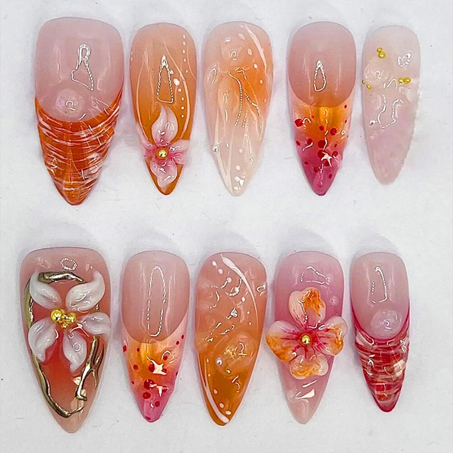 

24Pcs Red Flower Press on Nails Medium Almond French Tip with 3D Rhinestones Design for Women