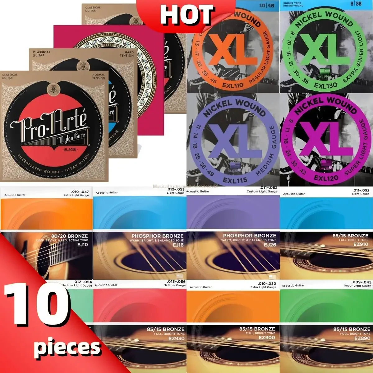 10 Sets/Piece Wholesale Classical/Acoustic/Electric Guitar Strings Popular EJ45 EXP16 EJ27 XL110 Music Lovers First Choice