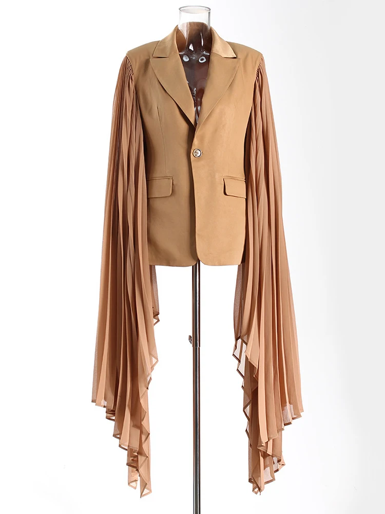 [EAM] Women Khaki Pleated Irregular Elegant Blazer New Lapel Long Ruffles Sleeve Jacket Fashion Tide Spring Autumn 2025 1DH6395