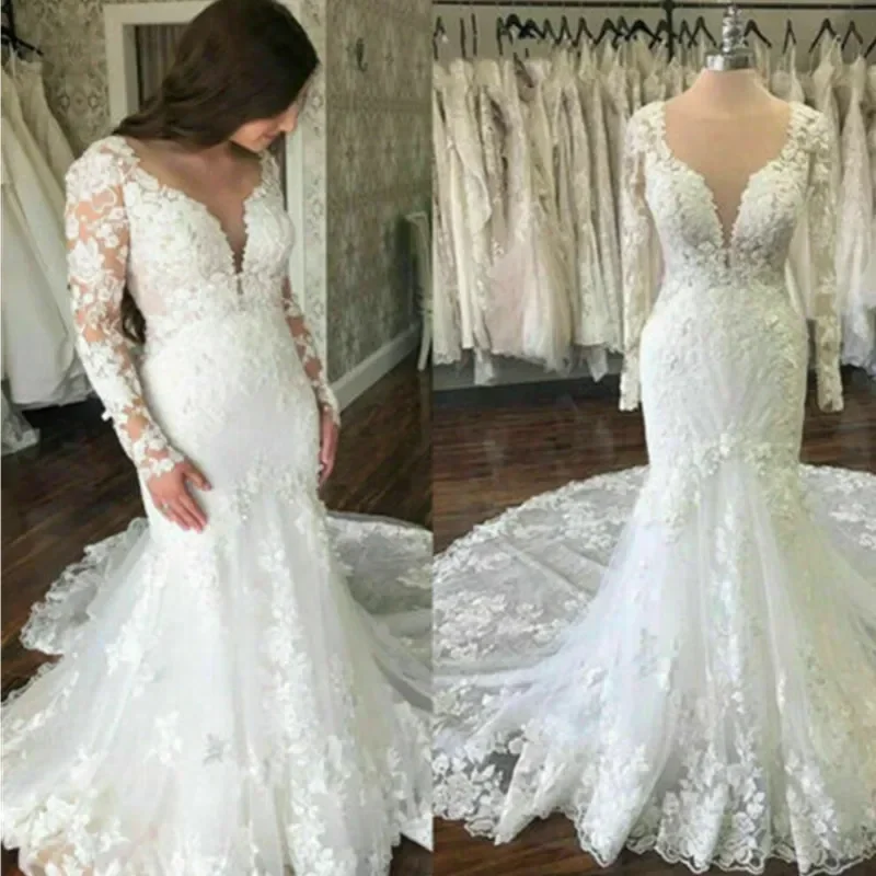 Customized V Neck Lace Appliques Mermaid Wedding Dress  Vintage Vestido De Noiva Sereia Beach Full Sleeve Bridal Gowns