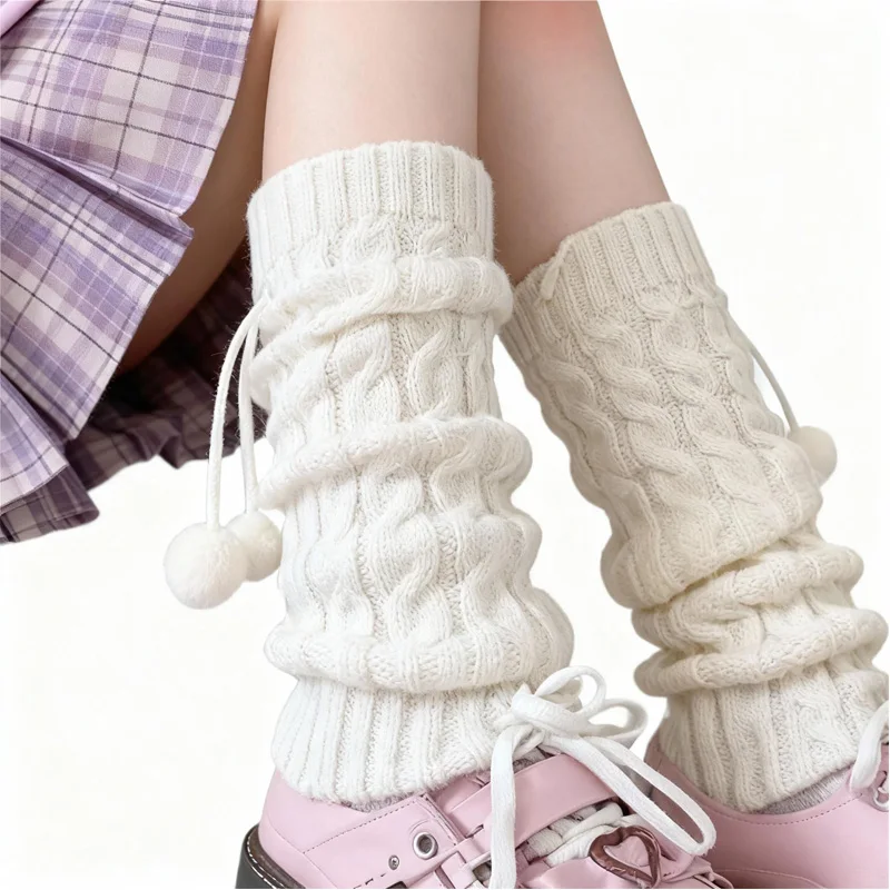Jambières Kawaii avec pompons, chaussettes de bottes en tricot torsadé pour superposition avec jupes et baskets, accessoire de mode mignon 22cm, 2 pièces