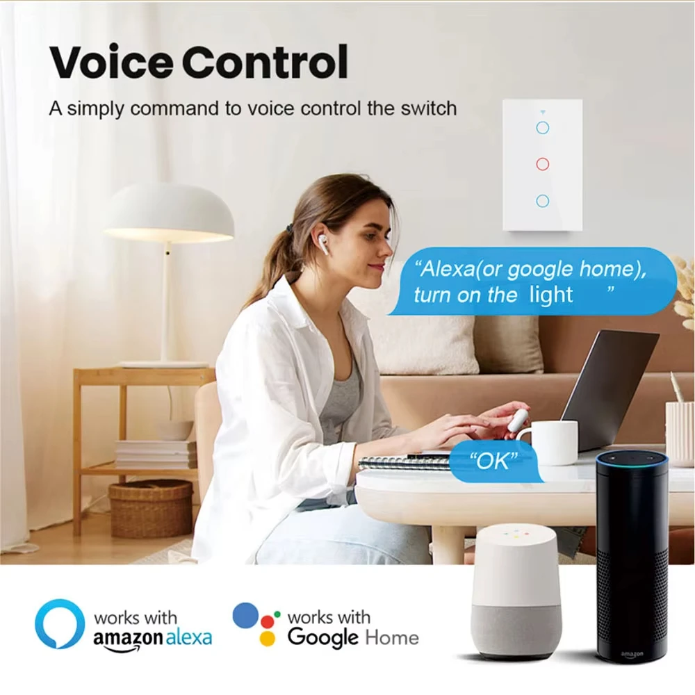 Tuya WiFi Smart Light Switch Neutral Wire Required Wall Touch Switch US Smart Life Work with Alexa Google Home 1/2/3/4 Gang