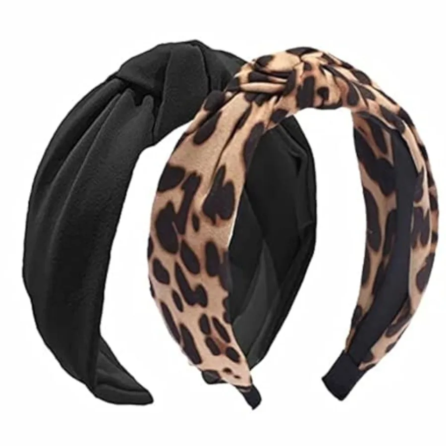 2PCS Headbands for Women, Bow Knotted Wide Headband, Yoga Hair Band Fashion Elastic Hair Accessories for Women Black, Leopard