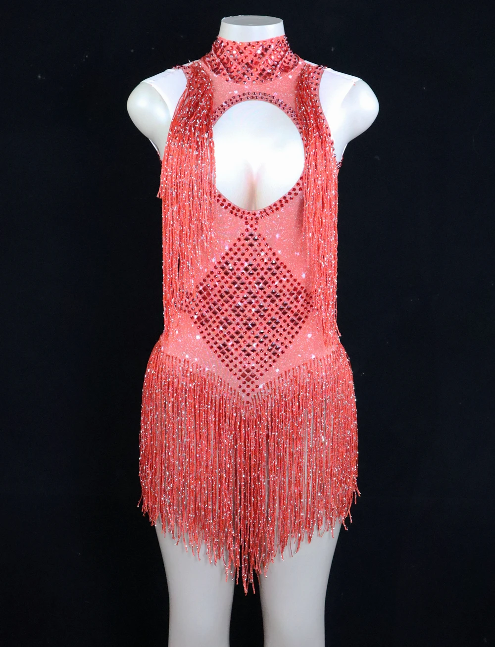 Leotard elástico com strass brilhantes e franjas, traje de dança, show de desempenho, traje do palco, bodysuit, roupa de festa, roupa dançarina cantora