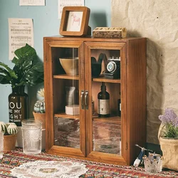 Hot Sale Home Retro Style Handmade Items Storage Cabinet Double Door Two-layer Storage Shelf  Decoration Wooden Storage Box