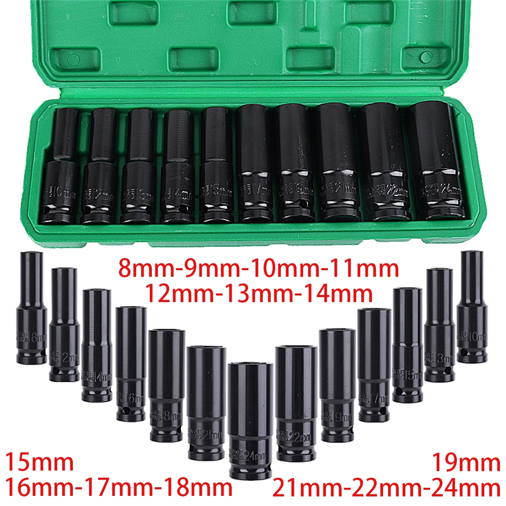 1/2 Deep Impact Wrench 8-24mm Socket Set Hexagon 78mm Length Mechanical Workshop Tool Hexs High Carbon Steel Electric Spanner