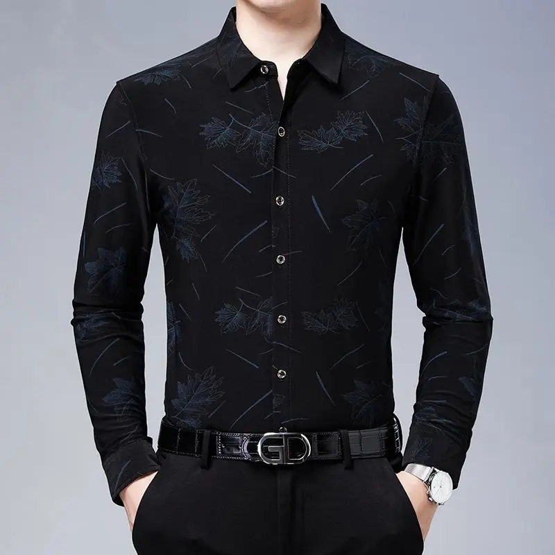 Fashion Men Vintage Hawaiian Long Sleeve Shirt Spring Autumn New Koreon Streetwear Male Clothes Business Casual Black Tops 2023