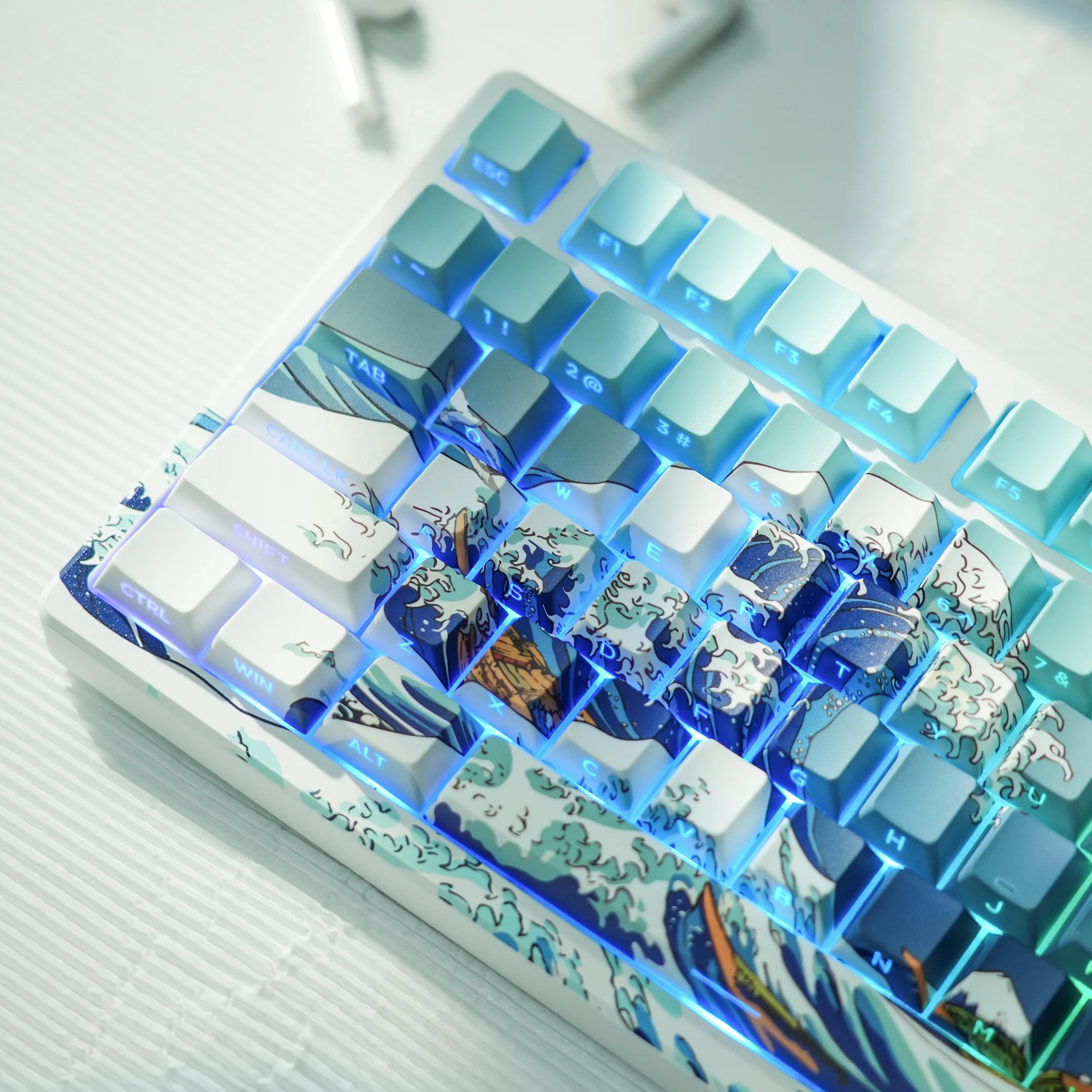 131 Keys Blue Sea Wave Dye Sub PBT Keycaps Cherry Profile Side Print Shine Through Keycaps for MX Switches Mechanical Keyboard