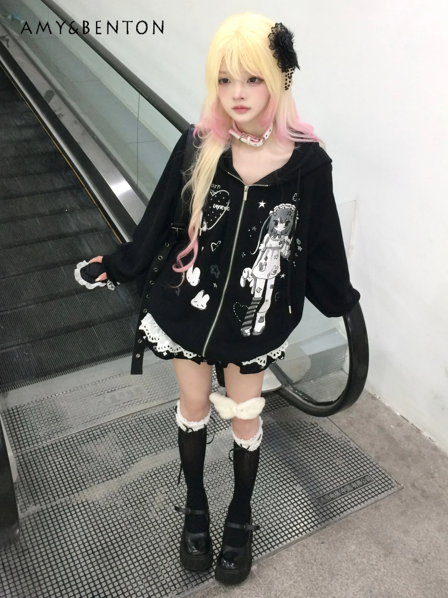 اليابانية لطيف أنيمي الكرتون طباعة مقنعين المرقعة اللون الستر للنساء كلية نمط الحلو بارد تنوعا معطف غير رسمي فضفاض #6