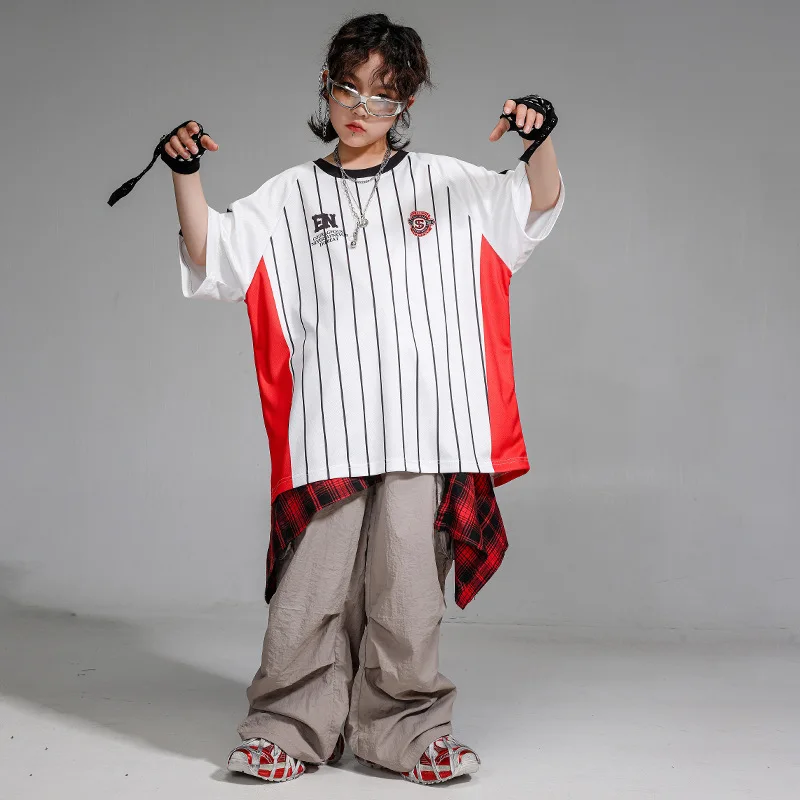 

Kid Kpop Hip Hop Clothing White Striped T Shirt Top Gray Lightweight Casual Cargo Pants for Girl Boy Jazz Dance Costumes Clothes