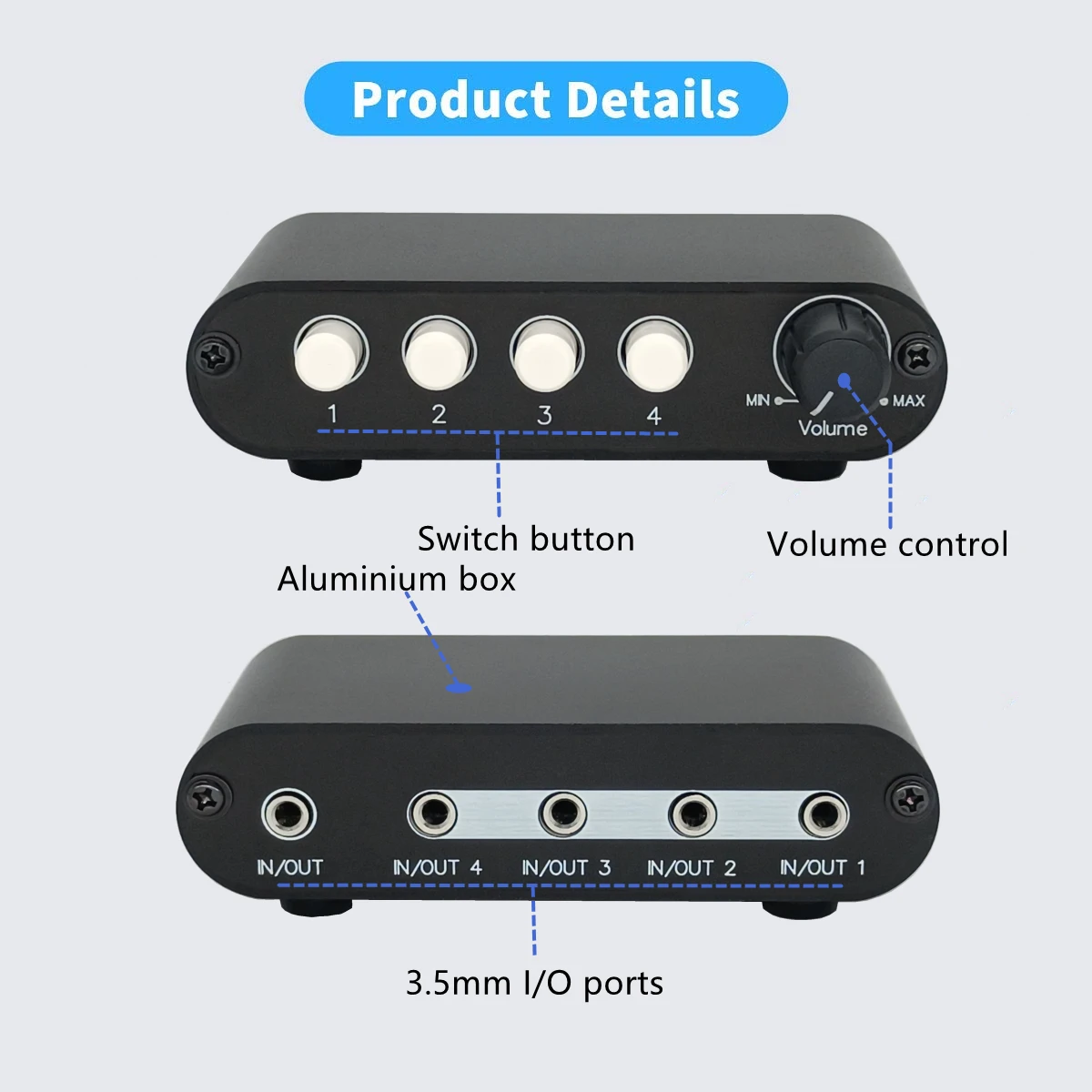 Stereo Audio Switch Input Signal Source Switcher, Selector Splitter Box com Linha, Controlador de Volume, 4 em 1 Out, MC41, 4-Way, 3.5mm
