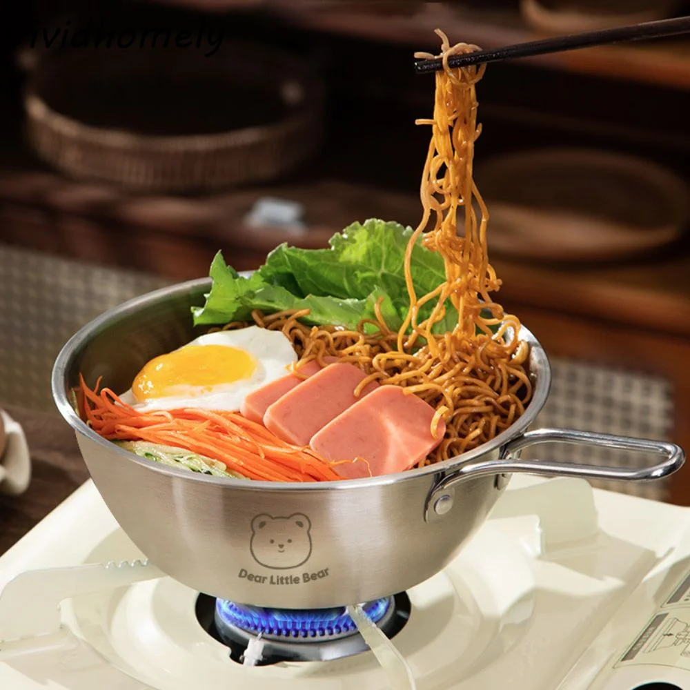 

Bear Pattern Korean Noodle Bowl Doubel/Single Handle Shockproof Seafood Rice Pot 304 Stainless Steel Salad Bowl Picnic