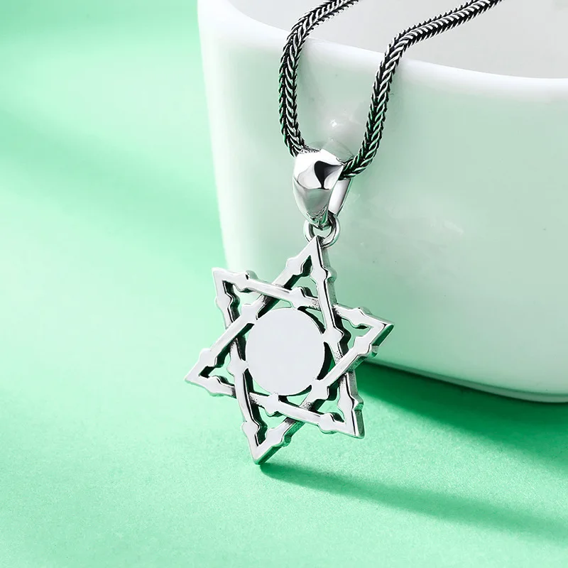925 Sterling Silver Vintage Unisex Necklace - Punk Gothic Flame Skull Hexagram Star Pendant Jewelry