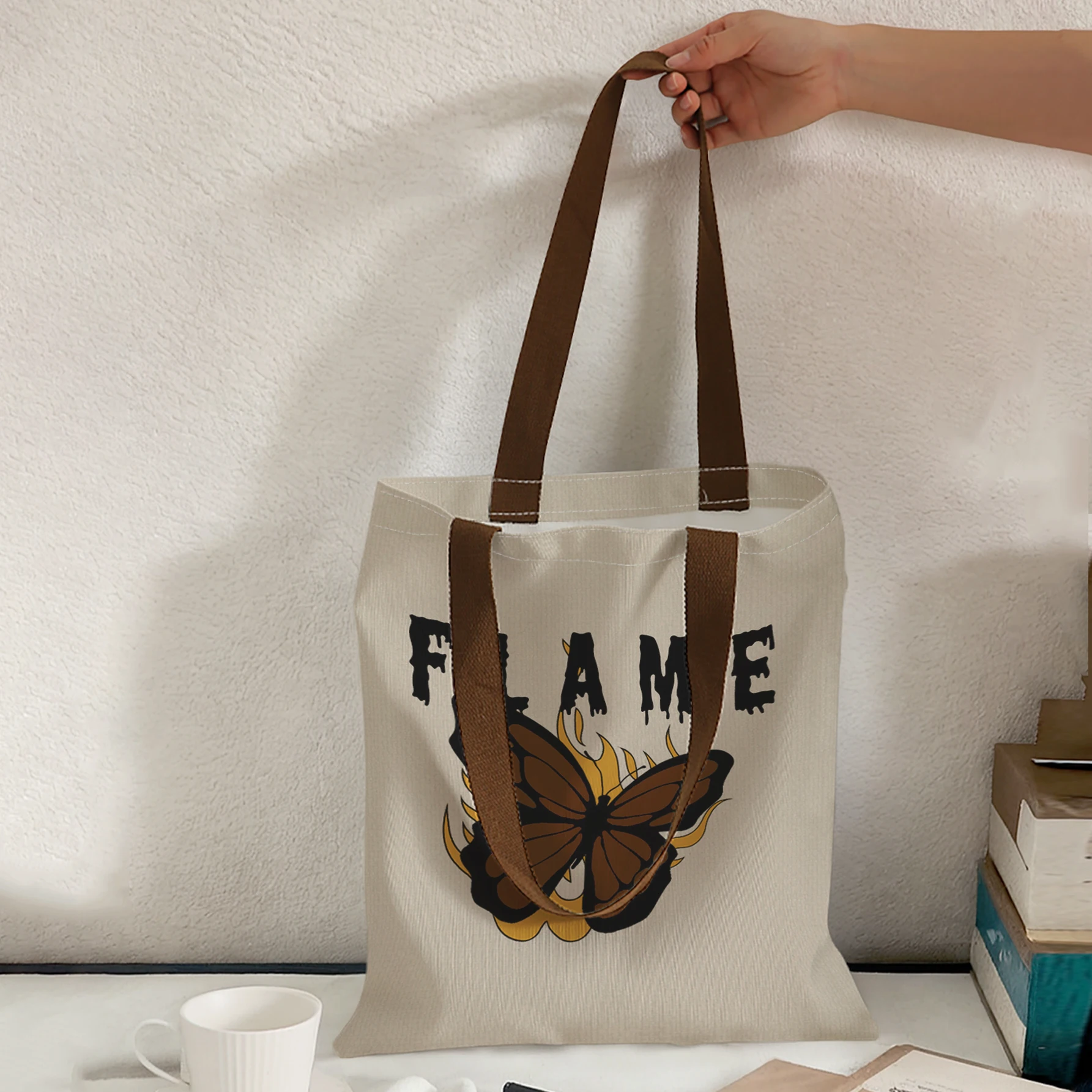 Flame Letter Brown Butterfly Fire Print Tote Bag Large Capacity Shoulder Bag For Shopping Travel Daily Use
