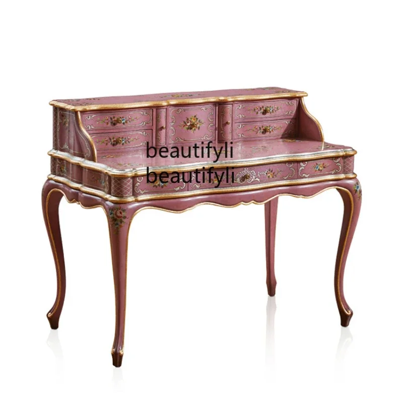 French court style romantic luxury rose pink desk painted with gold leaf imitation piano table