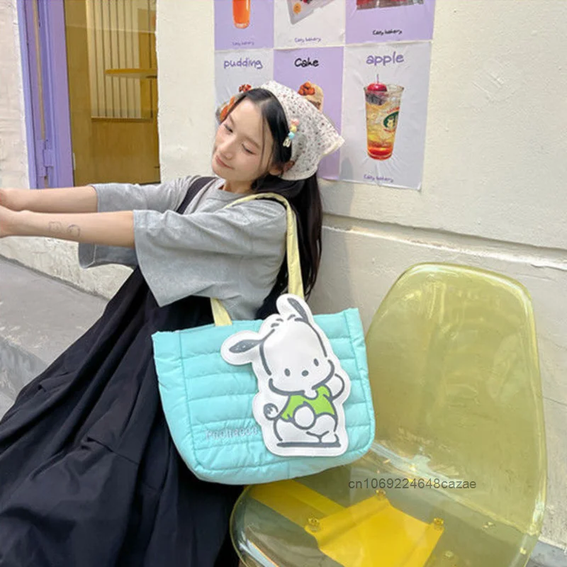 Sanrio Pochacco My Melody Kuromi 3D Cartoon Decoration Tote Bag New Cute Down Cloth Handbag borsa a tracolla moda in stile giapponese