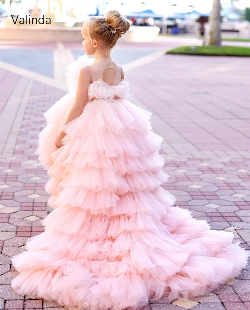 

Ruffled Baby Pink High Low Tulle Pageant Desses Wedding Flower Girl Red Carpet Formal Gowns Kids Attire Costume