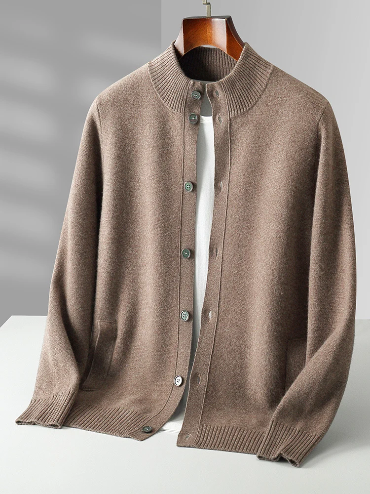 Hight Quality Men's 100% Merino Wool Sweater Mock Neck Buttoned Cardigan Autumn Winter Thick Smart Casual Cashmere Knitted Coat